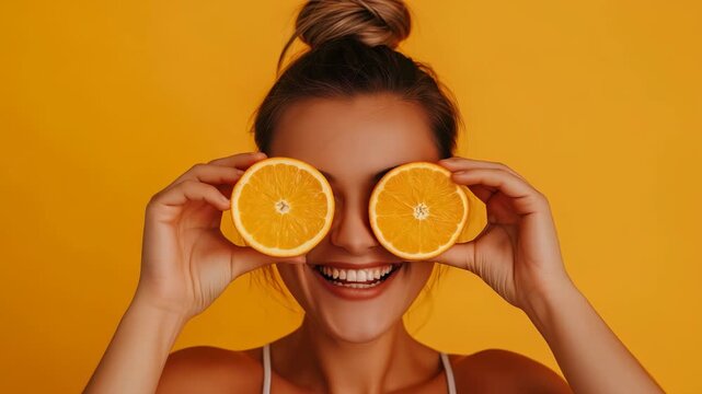 A woman with a cheerful smile playfully holds orange halves over her eyes, creating a whimsical portrait. The warm, bright background enhances the joyful and healthy theme of the image.