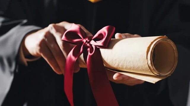 Close-up of a graduate holding a diploma scroll. Student in an academic gown celebrating at a university commencement ceremony. Symbol of educational achievement and success