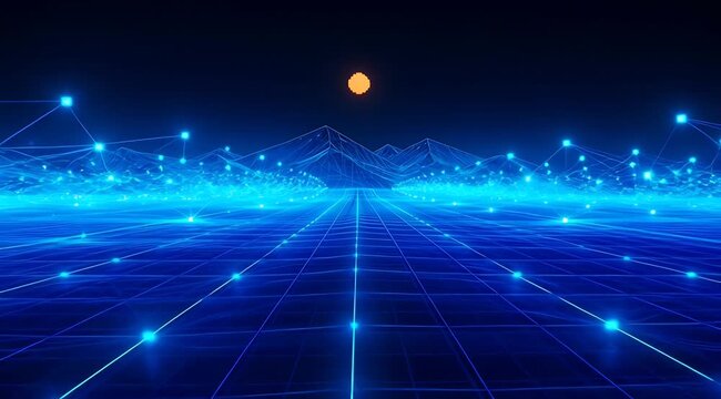 Futuristic Digital Landscape with Glowing Blue Grid and Rising Orange Sun Over Abstract Mountains