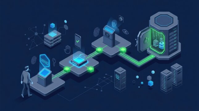 A person interacts with systems that manage multi factor authentication and security protocols in a tech-driven setting.