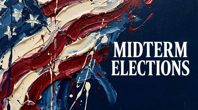 Stylized American flag with textured paint strokes and splatters, set against a dark blue background, with the text 'MIDTERM ELECTIONS' prominently displayed.