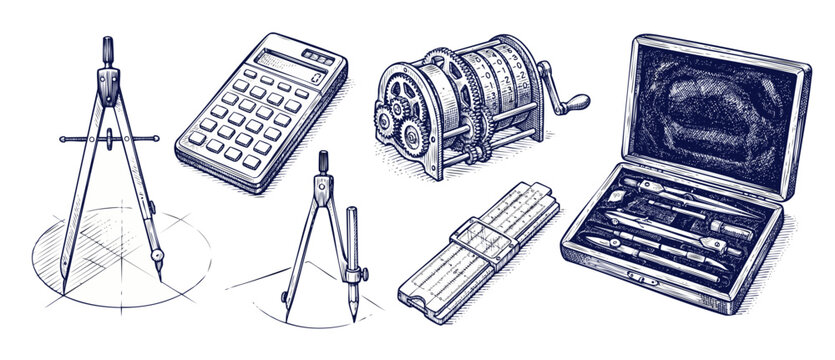 Vintage math instruments drafting tools set featuring drawing compass, slide rule, mechanical calculator, and engineering geometry instrument kit in antique hand drawn blue ink sketch engraving style.