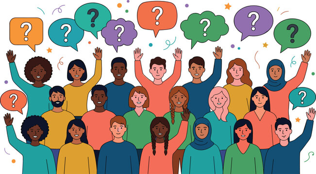 Large crowd of diverse people characters raising hands with colorful speech bubbles and question marks asking FAQ quiz or voting flat vector illustration