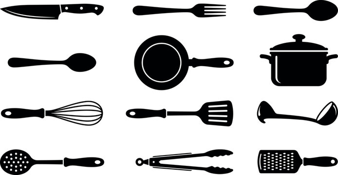 Kitchen utensils and cooking tools black silhouette vector icon set for restaurant menu recipe book commercial website graphic design