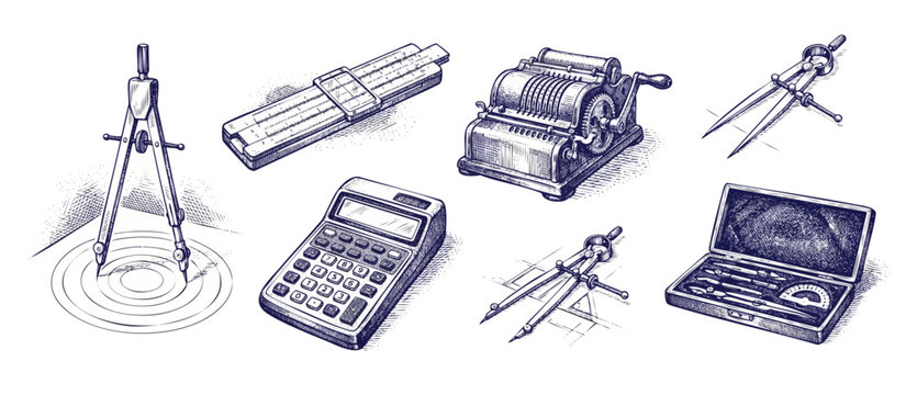 Vintage mathematics tools drawing set with classic calculators, drafting compasses, slide rule, mechanical adding machine, and geometry instruments in engraving style sketches on clean white backgroun