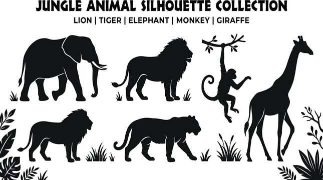 Jungle animal silhouette collection vector set with elephant lion tiger monkey giraffe for educational kids book wildlife website design
