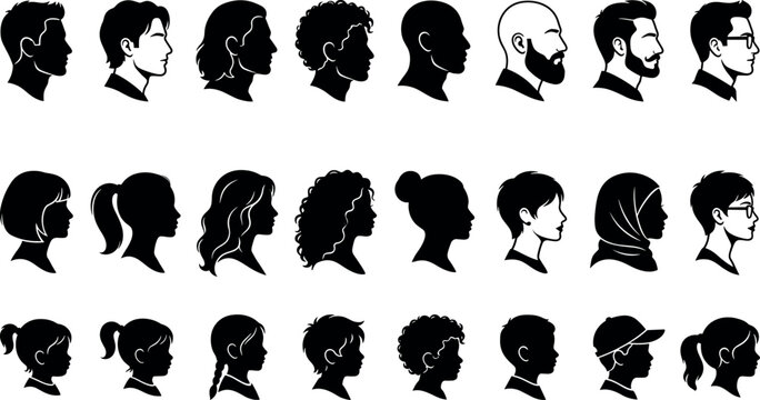 Diverse people profile side view black silhouette vector icons featuring men women and children for multiethnic community website design