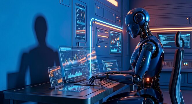 Humanoid robot analyzing financial data on computer - Artificial intelligence automation - Wide technology banner template