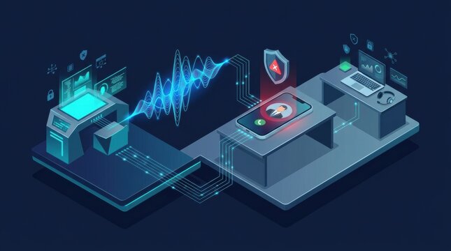 Digital artwork depicting a cybersecurity training scenario that highlights cloning AI and vishing tools used in technology-based interactions