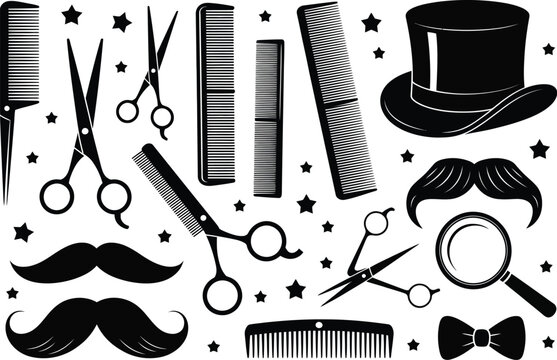 Barbershop icon set, scissors combs mustaches and grooming accessories for hairstyling salons and barber branding