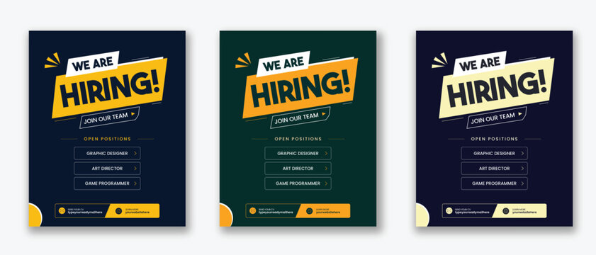 We Are Hiring Poster Template Set, Job Recruitment Flyer Design with Open Positions for Graphic Designer Art Director and Game Programmer, Join Our Team Advertisement Banner in Navy Green and Yellow 