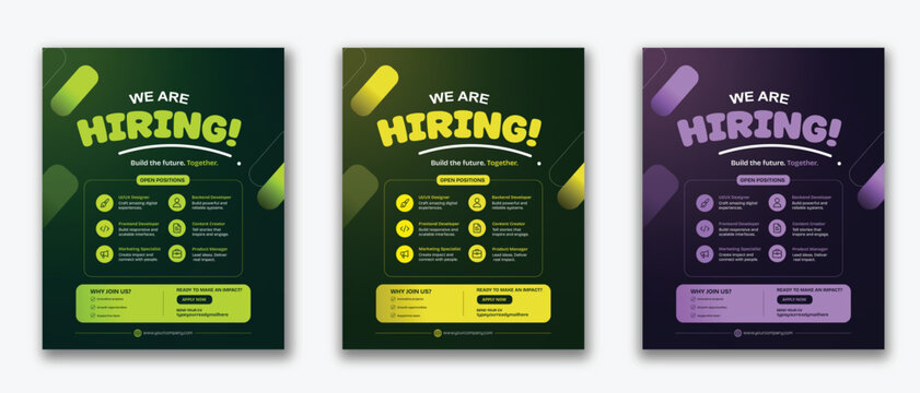 We Are Hiring Tech Job Poster Template Set, IT Recruitment Flyer Design with Open Positions for UI UX Designer Developer and Marketing Specialist, Build the Future Together Banner