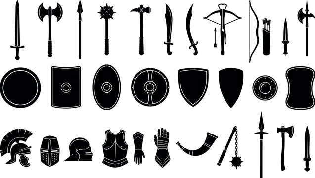 Medieval warrior weapons armor and shield black silhouette vector icon set featuring swords axes helmets for historical gaming website design