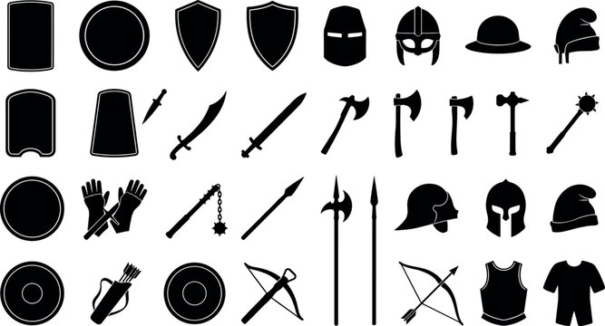 Medieval warrior weapons and armor black silhouette vector icon set featuring shields swords axes helmets for gaming website design