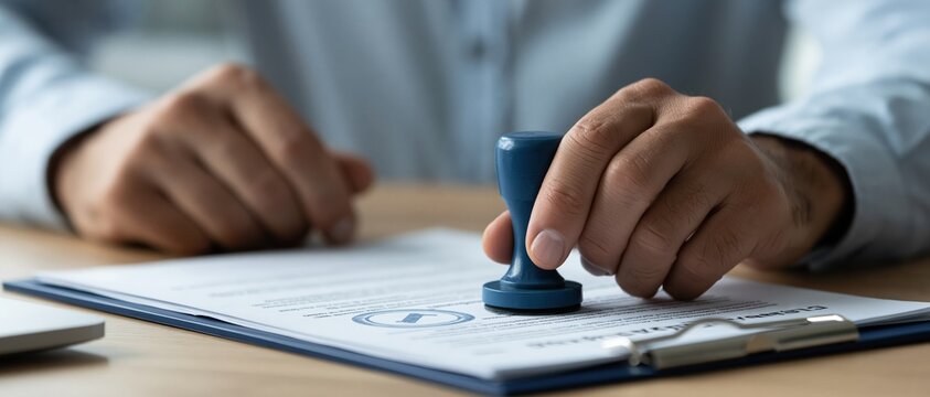 Authority in action executive hand pressing blue rubber stamp onto legal contract on clipboard, symbolizing approval, certification, and deal finalization for law, finance, and compliance.