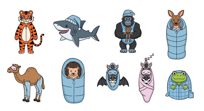 Cute cartoon animals resting in cozy sleeping bags.
