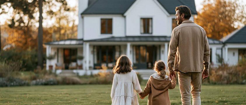 A father holds hands with his two young daughters as they approach a beautiful white farmhouse in golden autumn light. Perfect for real estate, family, insurance, and mortgage campaigns.