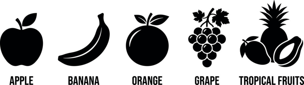 Fresh organic fruit black silhouette vector icons featuring apple banana orange grapes pineapple mango papaya for grocery menu website design