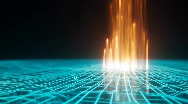 Futuristic Glowing Grid with Vertical Light Streaks Creating a Vibrant Ambience of Technology