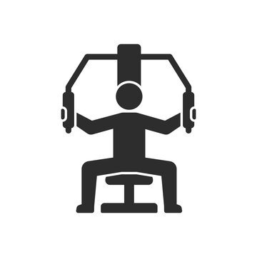 Chest fly machine and pec deck workout icon. Person exercising on butterfly machine for chest training. Monochrome black and white symbol