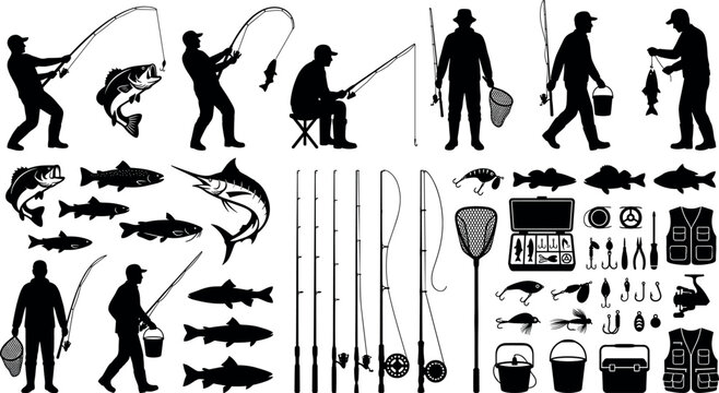 Fishing and outdoor angling silhouette mega bundle with fishermen gear fish and equipment icons for sports marketing website graphic design
