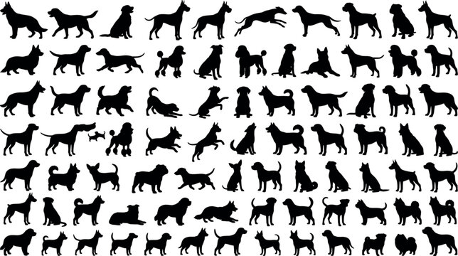 Large domestic dog breed silhouette icon mega bundle with distinct canine poses for veterinary clinic marketing website graphic design