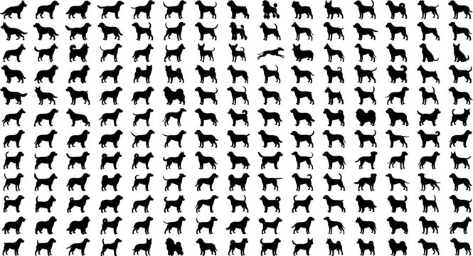 Massive domestic dog breed black silhouette icon grid mega set for veterinary clinic website marketing app ui commercial graphic design