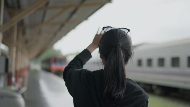 Exciting train journey begins travelers wave goodbye at railway station capturing moments of adventure and farewell