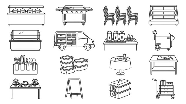 Catering Equipment Icons: A collection of line art icons depicting various catering equipment, including chafing dishes, beverage dispensers, serving trays, a food van, and chairs.