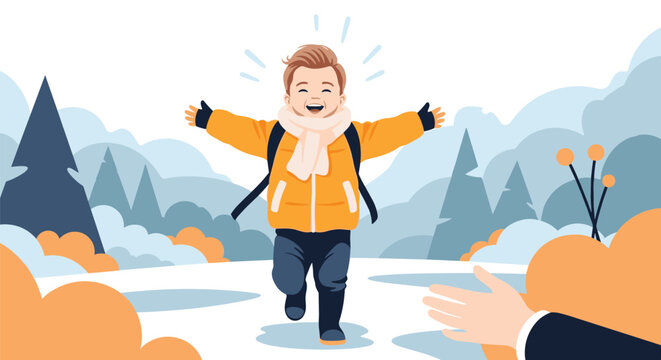 Little boy in a yellow jacket running happily to hug his parents in a snowy winter forest, vector concept.