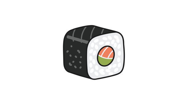 Single sushi maki roll with fresh salmon and avocado, traditional Japanese food vector cartoon illustration.