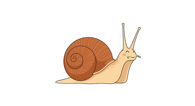 Cute cartoon brown garden snail with a big smile and long eyes, slow animal vector character illustration.