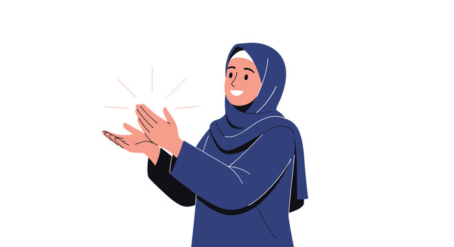 Happy muslim woman in a hijab clapping her hands in celebration, positive emotion flat vector illustration.