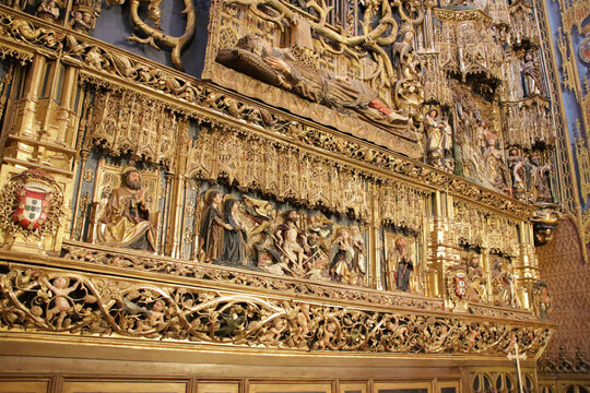 baroque altarpiece in a chapel in a gothic cathedral in burgos in spain 
