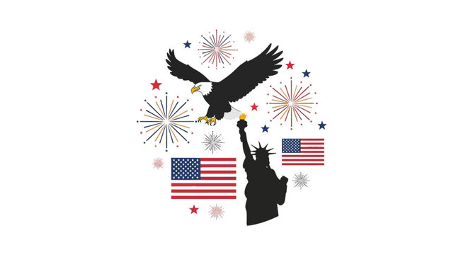 Patriotic symbols with eagle and statue of liberty silhouette