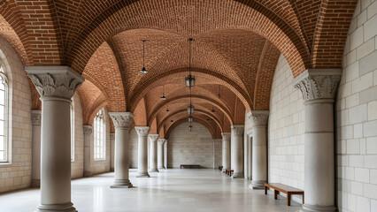 Fototapeta premium A serene interior view of a historic building with arched brick ceiling and white columns