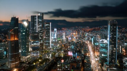 Obraz premium Futuristic Metropolis at Dusk: A sprawling cityscape bathed in the twilight glow, with towering modern skyscrapers illuminated by vibrant lights, overlooking a busy highway and distant urban horizon.