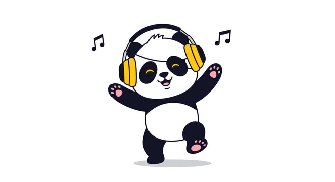 Joyful cartoon panda wearing yellow headphones and dancing to the rhythm of music with floating notes.