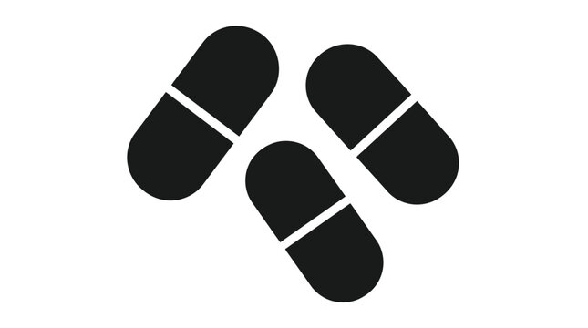 Three black medical capsule pills arranged in a simple flat vector icon style isolated on a plain white background for pharmacy and health care design