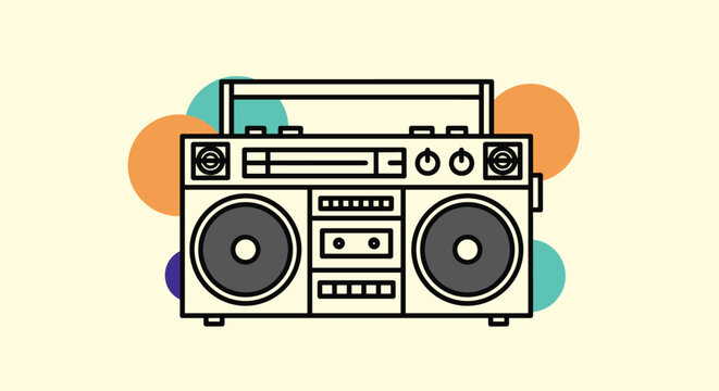 Classic vintage boombox radio cassette tape player illustration with colorful geometric circles in the background.