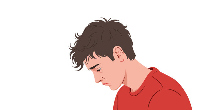 Sad young man in a red shirt bows his head down with a depressed and disappointed expression in profile view.