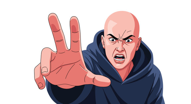 Angry bald man in a dark blue hoodie reaches his hand forward with a furious aggressive expression on his face.