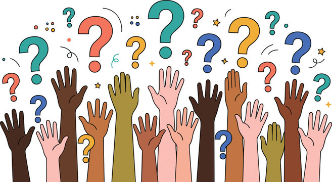 Diverse human hands raised up surrounded by colorful question marks asking questions seeking answers curiosity voting and confusion flat vector illustration set