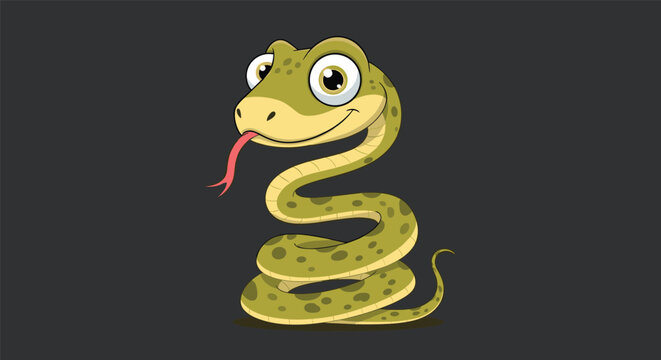 Friendly green cartoon snake coiled neatly and sticking its pink tongue out with a happy and charming smile.