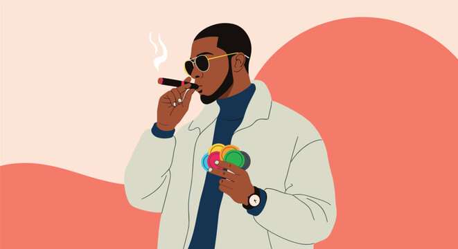 Stylish black man wearing sunglasses and a white jacket smokes a cigar while holding a stack of colorful casino chips.