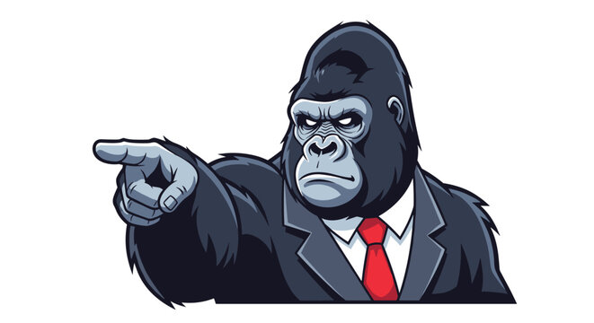 Strong gorilla mascot wearing a formal business suit and red tie pointing its finger directly forward on white.