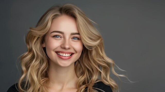 A close-up portrait of a smiling woman with blonde wavy hair, blue eyes, and perfect teeth. The background is a plain gray, emphasizing the model's features and radiant smile.