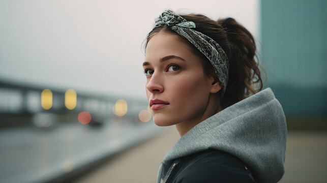 Urban Explorer: A young woman with a confident gaze and a bandana in her hair stands against an urban backdrop, her thoughtful expression hinting at a journey of self-discovery.