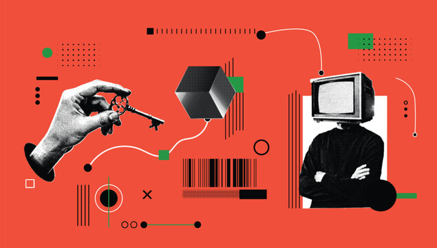 Halftone Pop Art Collage with Vintage Television Head, Hand Holding Key and Abstract Geometric Elements. Retro Media, Digital Access, Technology, Communication and Surreal Creative Concept. Retro