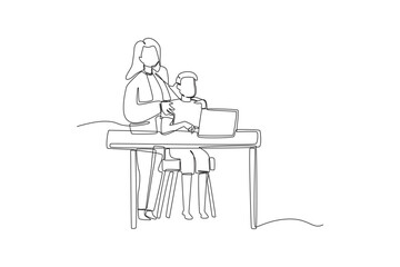 Fototapeta premium Continuous line drawing of a caring mother standing beside her young son as he sits at a desk using a laptop computer, capturing a warm human family learning moment in a minimalist art style.